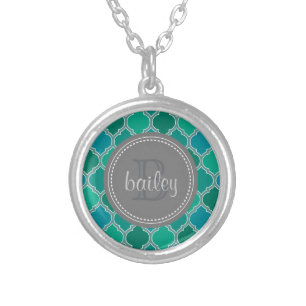 Monogrammed Gray Teal Modern Lattice Pattern Silver Plated Necklace