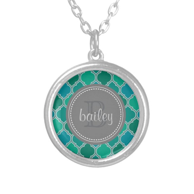 Monogrammed Gray Teal Modern Lattice Pattern Silver Plated Necklace (Front)