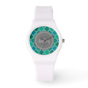 Monogrammed Gray Teal Modern Lattice Pattern Watch