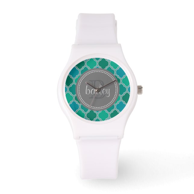 Monogrammed Gray Teal Modern Lattice Pattern Watch (Front)