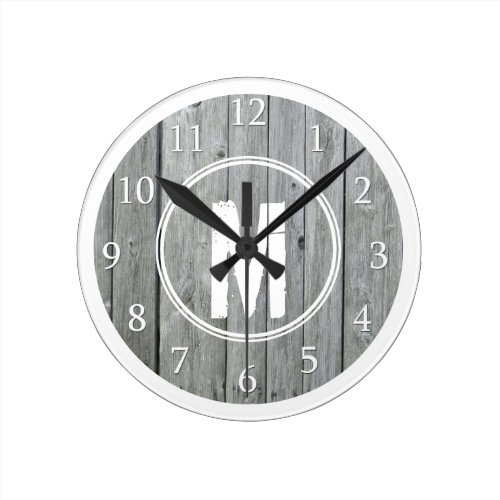 Monogrammed Gray White Distressed Wood Round Clock
