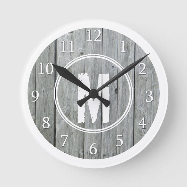 Monogrammed Gray White Distressed Wood Round Clock (Front)