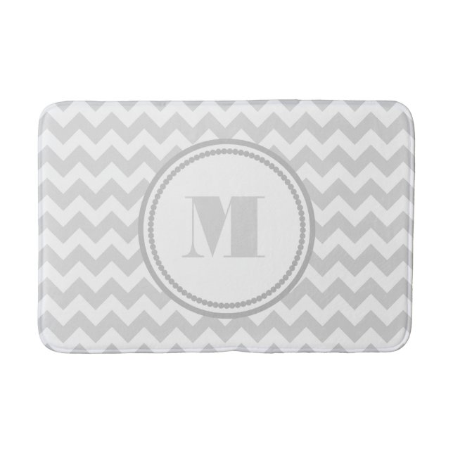 Monogrammed Gray White Striped Chevron Pattern Bath Mat (Front)
