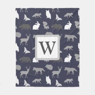 Monogrammed - Gray Woodland Creatures Fleece Blanket