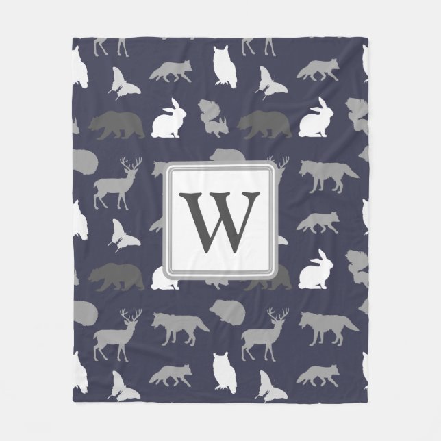Monogrammed - Gray Woodland Creatures Fleece Blanket (Front)
