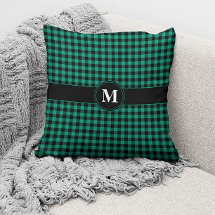 Monogrammed Green And Black Gingham Pattern Throw Pillow