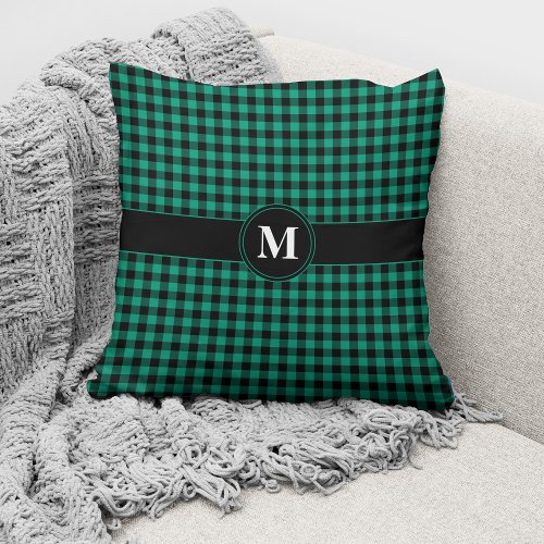 Monogrammed Green And Black Gingham Pattern Throw  Throw Pillow