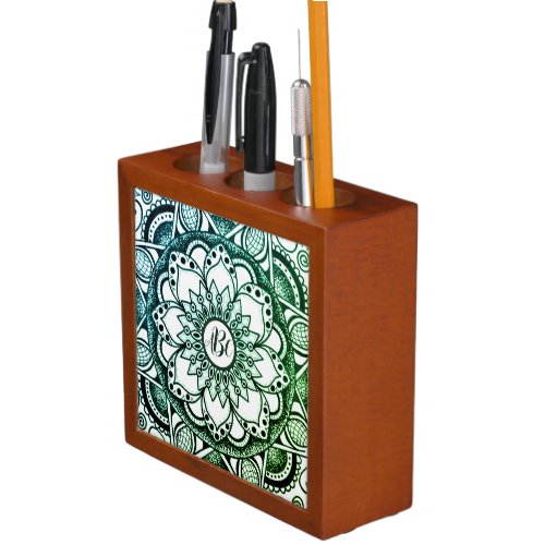 Monogrammed Green and Blue Mandala Desk Organizer