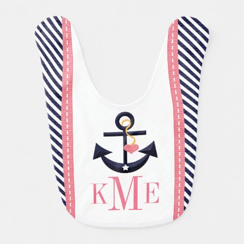 MONOGRAMMED GREEN AND NAVY ANCHOR HEART BABY BIB