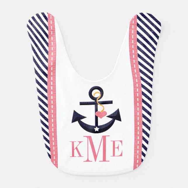MONOGRAMMED GREEN AND NAVY ANCHOR HEART BABY BIB (Front)