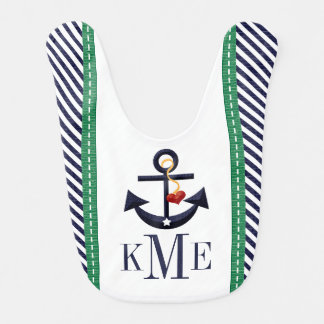 MONOGRAMMED GREEN AND NAVY ANCHOR HEART BIB