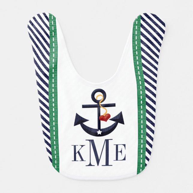 MONOGRAMMED GREEN AND NAVY ANCHOR HEART BIB (Front)