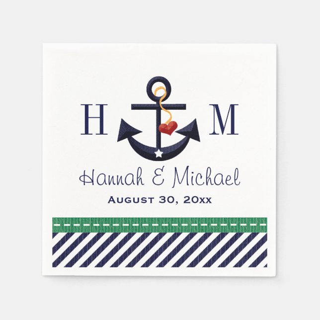 Monogrammed Green and Navy Anchor Nautical Wedding Napkins (Front)
