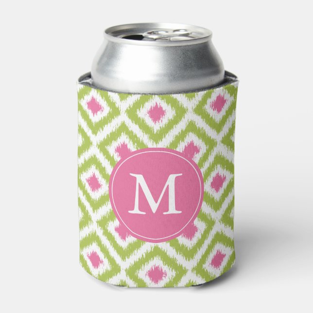Monogrammed Green and Pink Diamonds Pattern Can Cooler (Can Front)