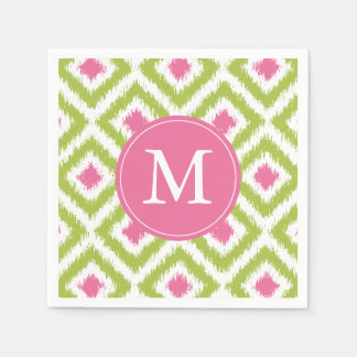 Monogrammed Green and Pink Ikat Diamonds Pattern Napkins