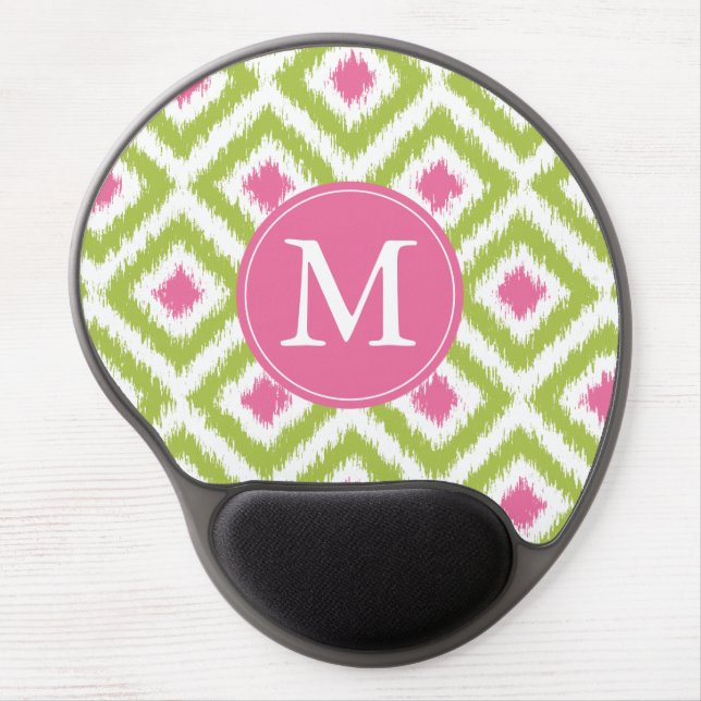 Monogrammed Green and Pink Ikat Pattern Gel Mouse Pad (Front)