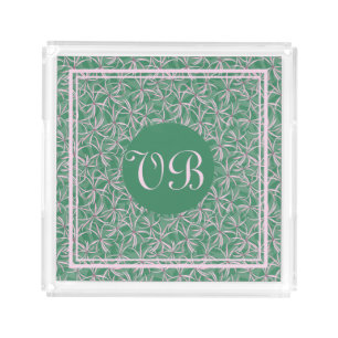 Monogrammed green and rose floral vanity acrylic tray