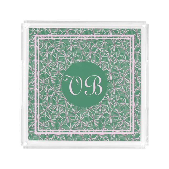Monogrammed green and rose floral vanity acrylic tray (Front)