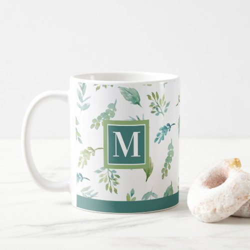 Monogrammed Green and Turquoise Leaf Pattern Coffee Mug