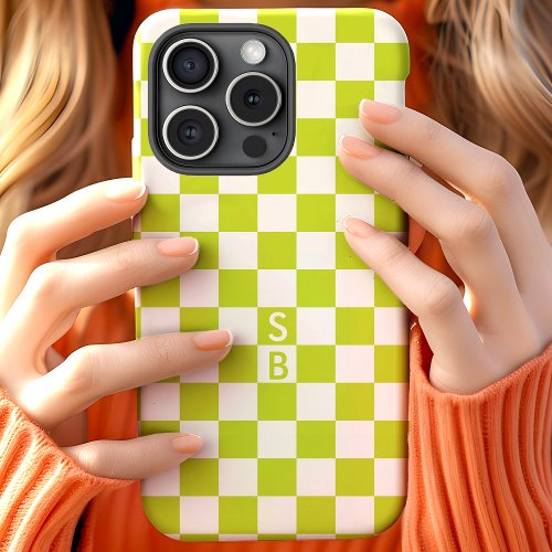 Monogrammed Green And White Checkerboard Pattern iPhone 15 Case