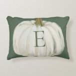 Monogrammed Green and White Fall Pumpkin Accent Pillow<br><div class="desc">Beautiful fall decoration with an ivory painted pumpkin design on a dark forest green colored background with a custom initial on front.</div>