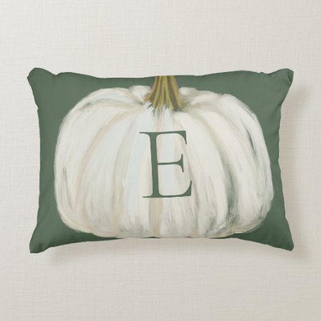 Monogrammed Green And White Fall Pumpkin Accent Pillow