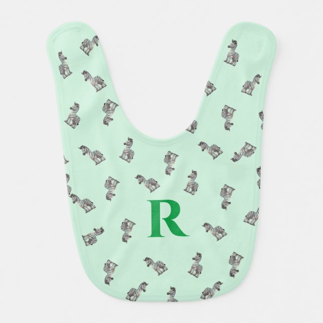 Monogrammed Green Baby Zebra Themed Baby Bib (Front)