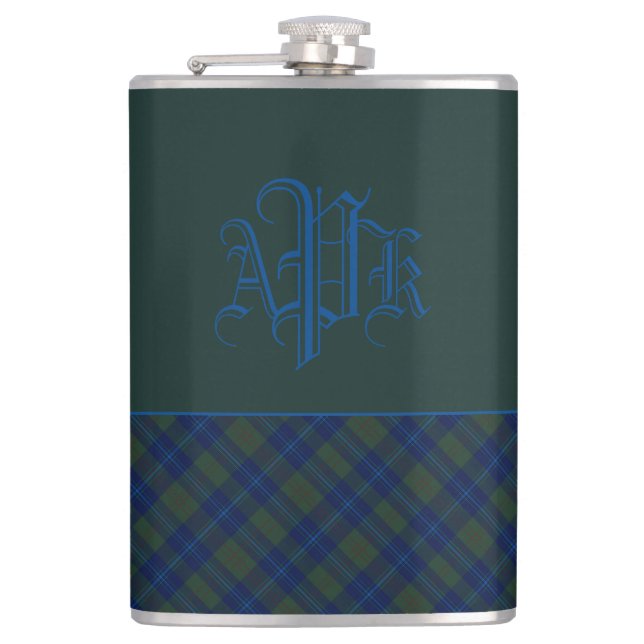 Monogrammed Green, Blue & Aqua Plaid Flask (Front)