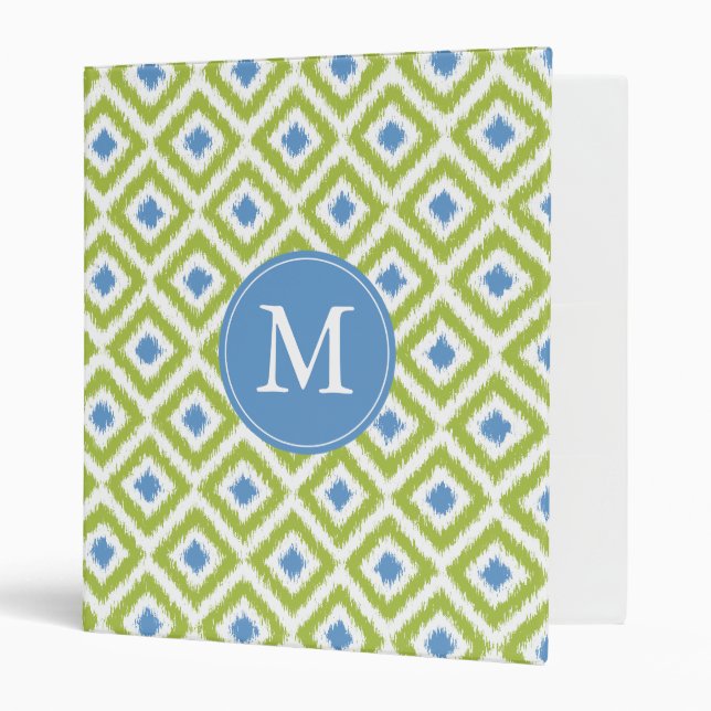 Monogrammed Green Blue Diamond Ikat Pattern Binder (Front/Inside)