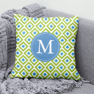 Monogrammed Green Blue Diamonds Ikat Pattern Throw Pillow