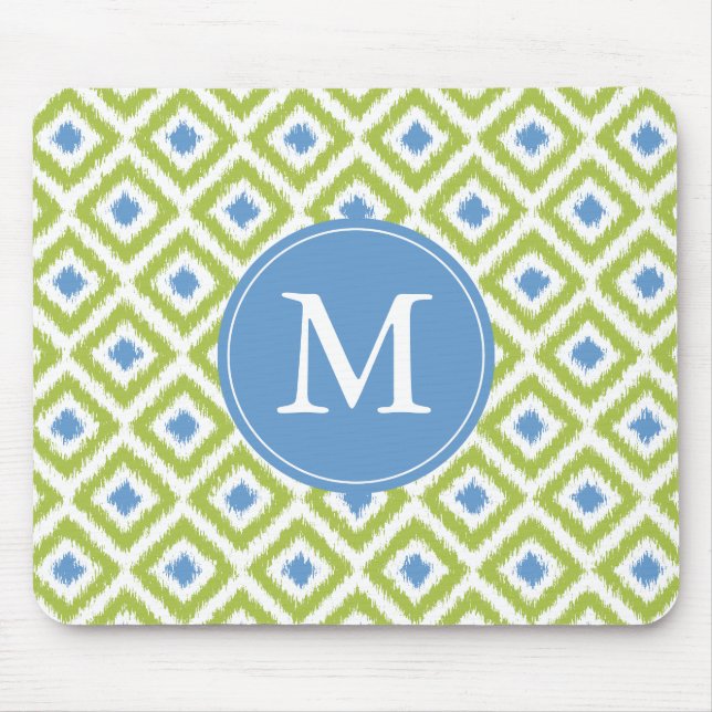 Monogrammed Green Blue Ikat Pattern Mouse Pad (Front)