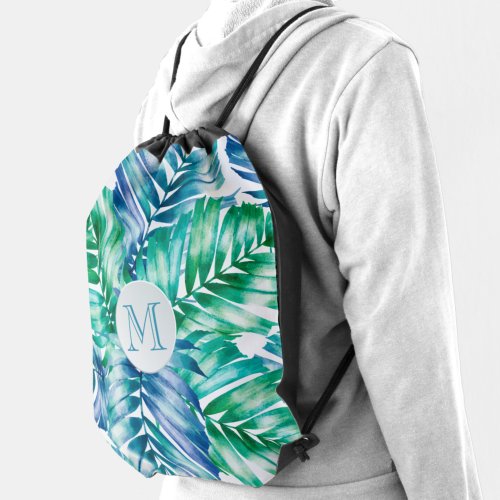 Monogrammed Green Blue Palm Tree Pattern Drawstring Bag
