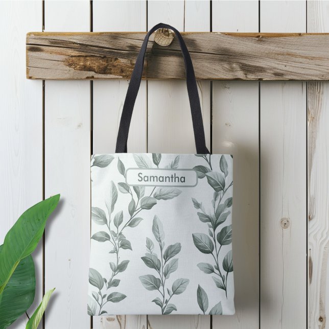 Monogrammed Green Botanical Pattern Tote Bag (Creator Uploaded)