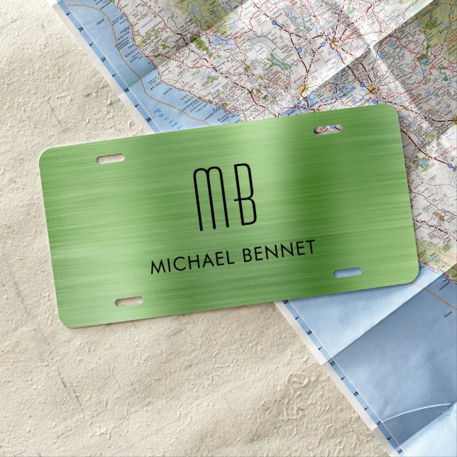Monogrammed Green Brushed Metallic License Plate (In Situ)