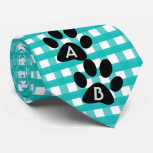 Monogrammed Green Checkered Pattern Pet Paw Print Neck Tie