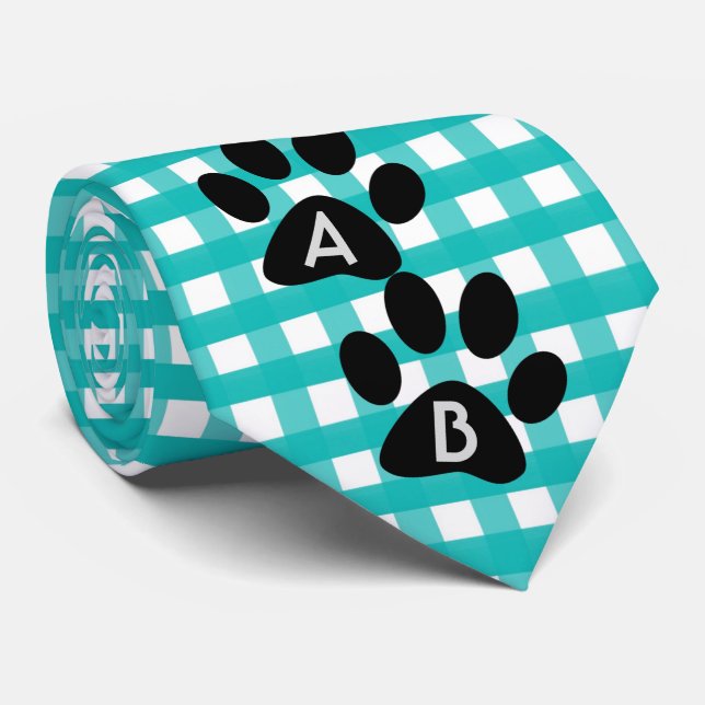 Monogrammed Green Checkered Pattern Pet Paw Print Neck Tie (Rolled)