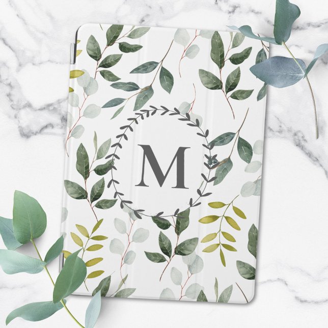 Monogrammed Green Eucalyptus Tropical Leaves iPad Pro Cover (In situ on marble)