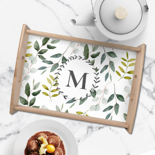 Monogrammed Green Eucalyptus Tropical Leaves Serving Tray