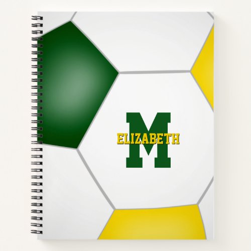 monogrammed green gold team colors soccer notebook