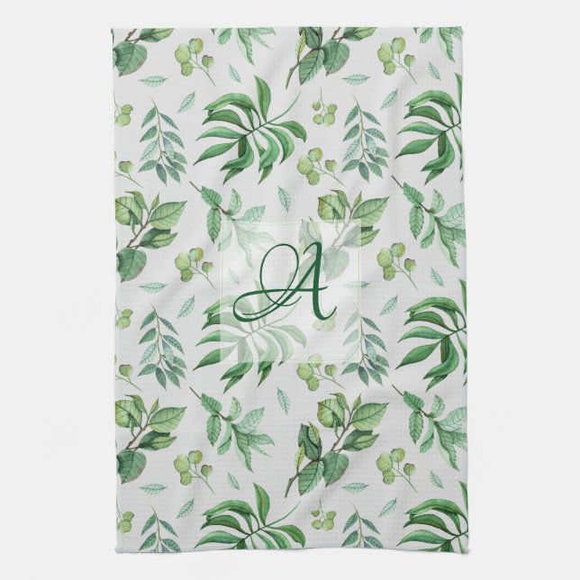 Monogrammed Green Leave Botanical Home Decor Kitchen Towel (Vertical)