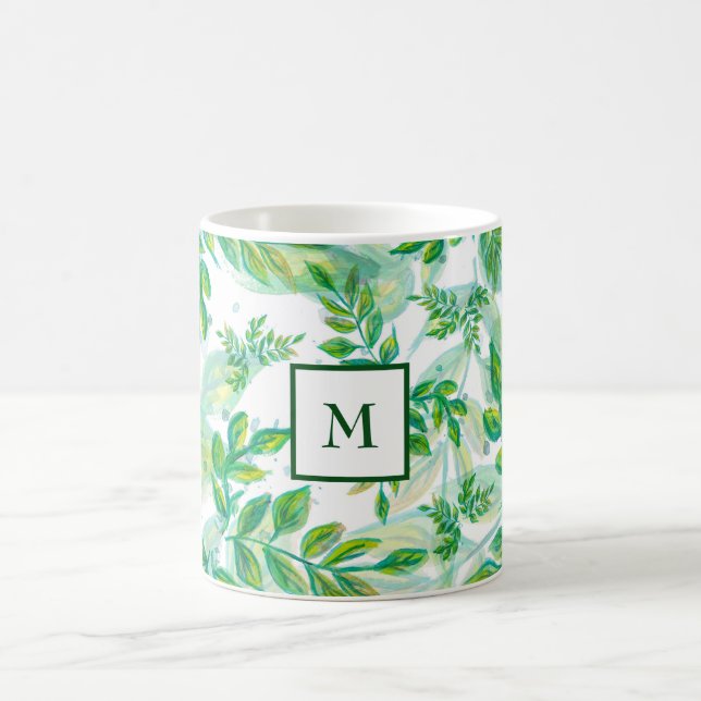 Monogrammed Green Leaves Coffee Mug (Center)