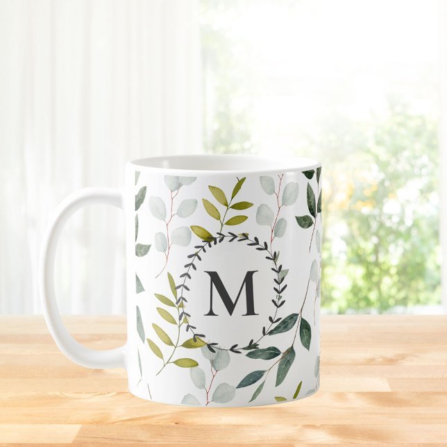 Monogrammed Green Leaves Watercolor Pattern Coffee Mug (In situ)