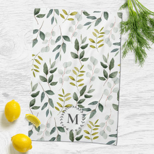 Monogrammed Green Leaves Watercolor Pattern Kitchen Towel