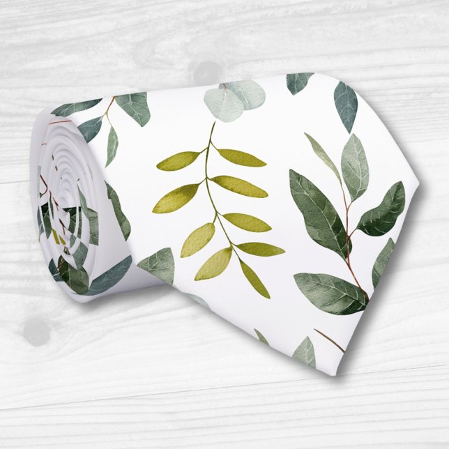 Monogrammed Green Leaves Watercolor Pattern Neck Tie (Creator Uploaded)