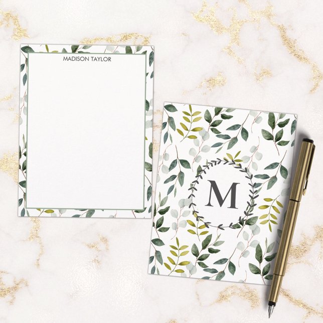 Monogrammed Green Leaves Watercolor Pattern Note Card (In situ marble desk)