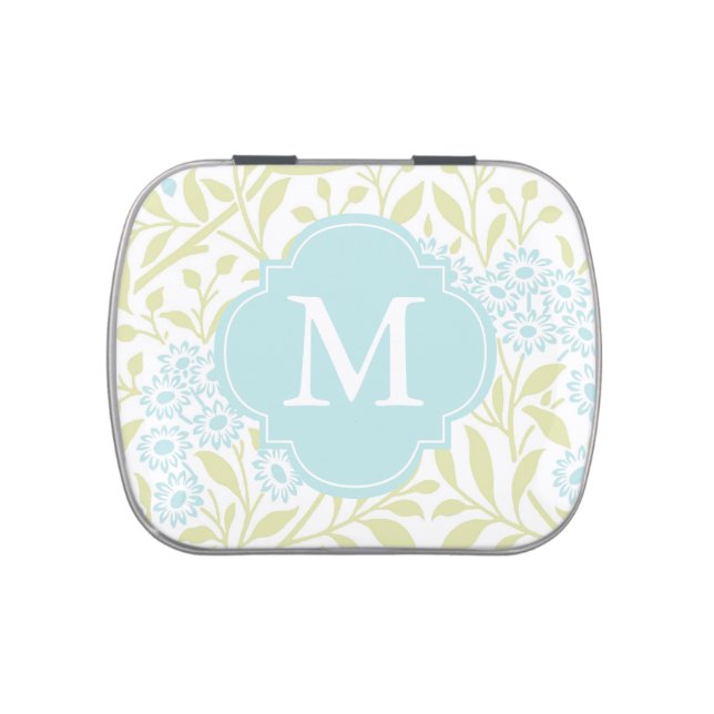 Monogrammed Green Mint Floral Damask Pattern Jelly Belly Candy Tin (Top)