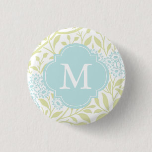 Monogrammed Green Mint Floral Damask Pattern Pinback Button