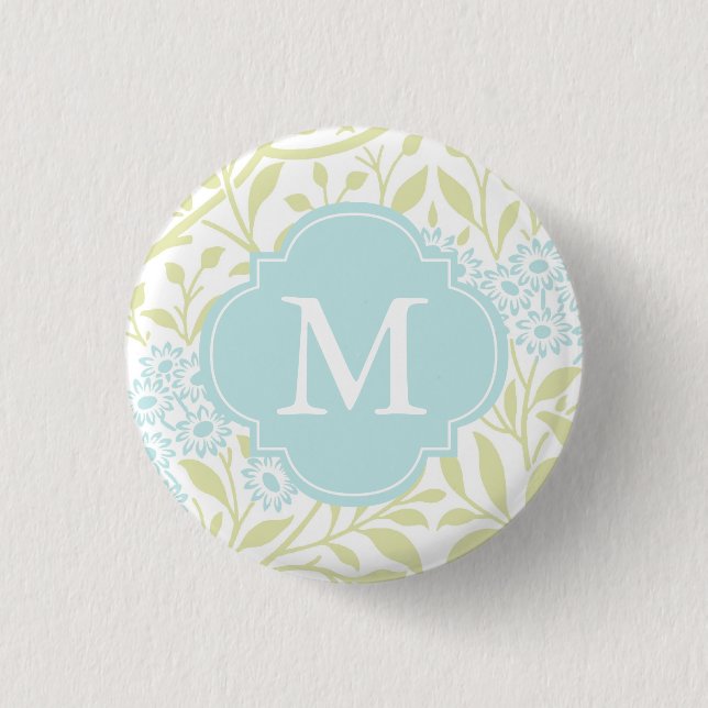 Monogrammed Green Mint Floral Damask Pattern Pinback Button (Front)