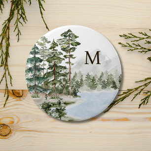 Monogrammed Green Pine Forest and Lake Button