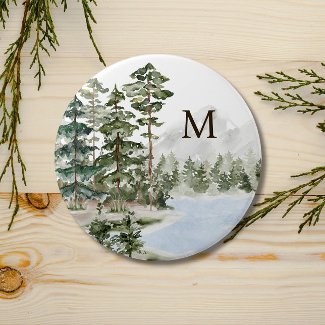 Monogrammed Green Pine Forest and Lake Button (In situ)